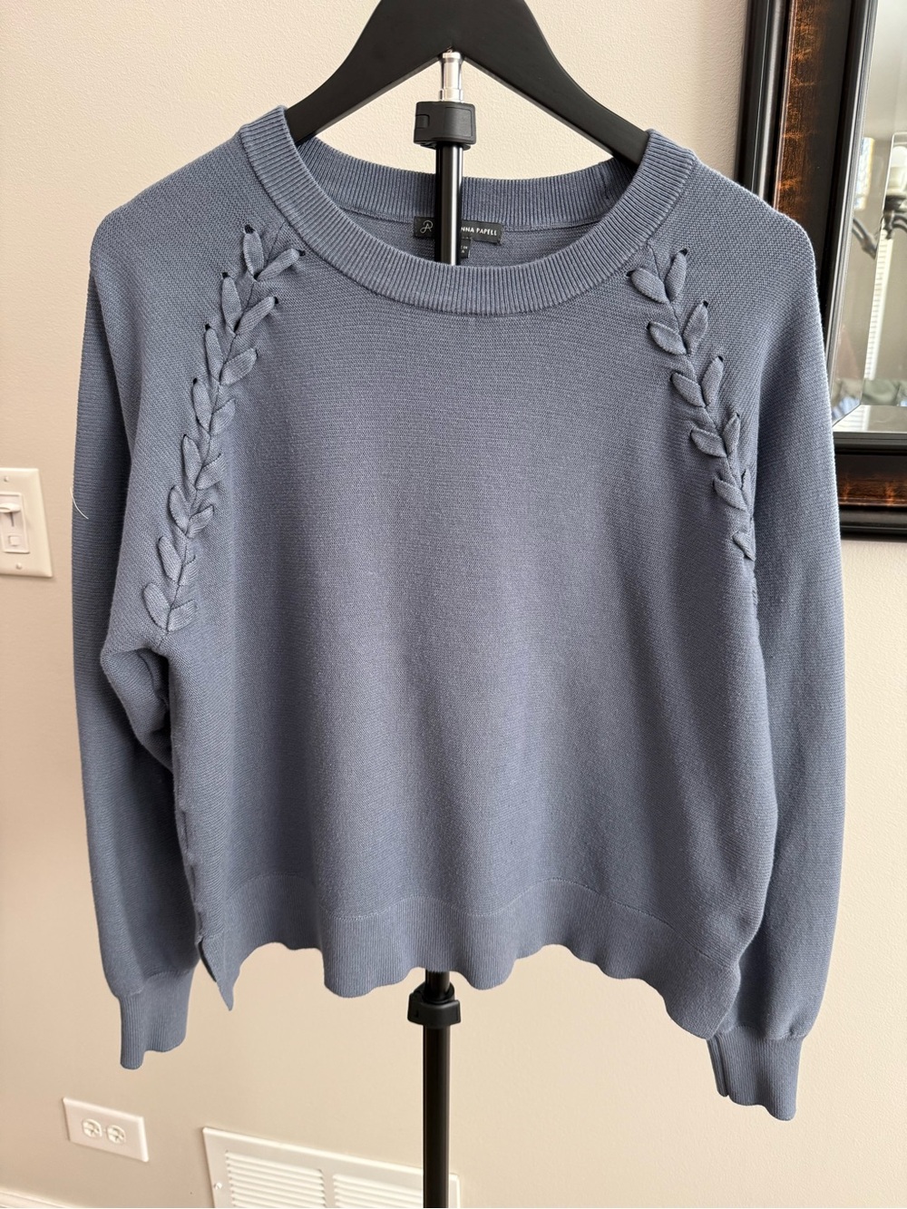 Adrianna Papell Slate Blue Crewneck Sweater with Braided Shoulder Detail